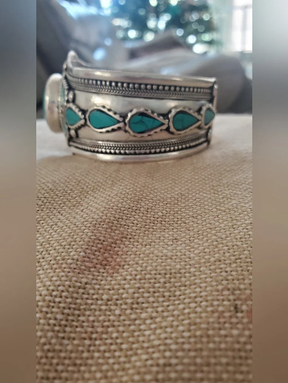 Boho German Silver Plated Turquoise Wide Statement Cuff Tribal Bracelet Western